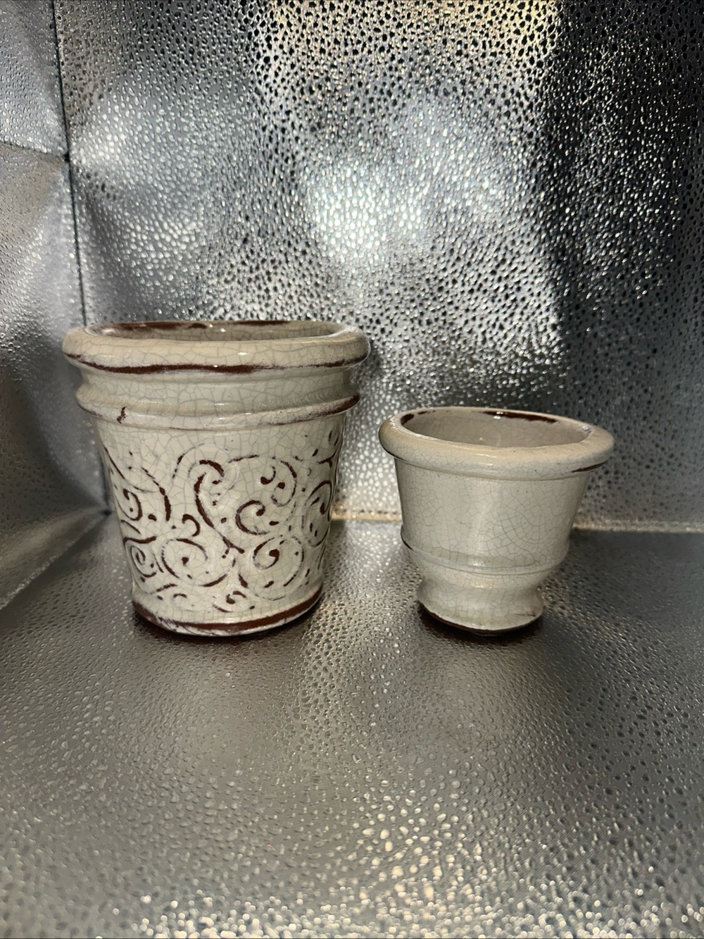 White Crackle Glazed Ceramic Planter Pots (Set of 2) made in Mexico 5”, 3”
